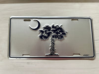 Silver & Blue Palmetto Tree and Crescent Moon Metal License Plate