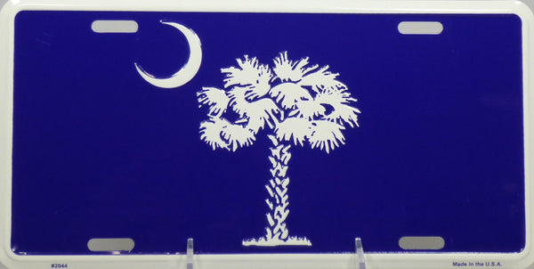 Blue & White Palmetto Tree and Crescent Moon Metal License Plate